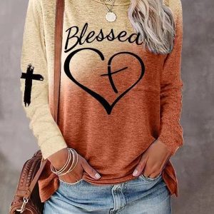 Colorblock Letter Cross Print Casual Top