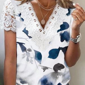 Women’s Short Sleeve V Neck Lace Floral Printed Fashion Casual Top