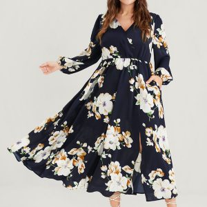 Bloom Dress – Floral Lantern Sleeve Pocket Split Surplice Neck Flutter Maxi Dress