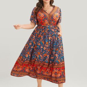 Bandana Surplice Neck Pocket Belted Flutter Hem Maxi Dress