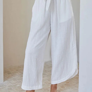Womens Wide Leg Linen Pants High Waisted Drawstring Flowy Crop Trousers with Pockets