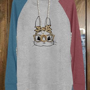 Colorblock Leopard Bunny Print Long Sleeve Top