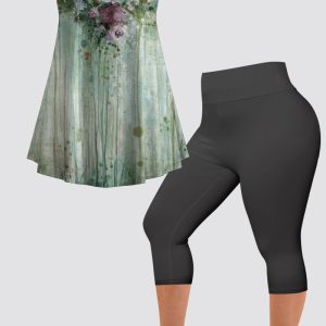 Women’s Plus Size Casual Green Retro Floral Print Two Piece Pant Set