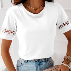 Casual Plain Crew Neck Short Sleeve Lace Top