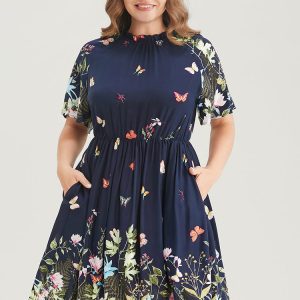 Floral & Butterfly Print Pocket Shirred Mock Neck Ruffles Dress