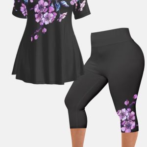 Women’s Plus Size Casual Purple Ombre Plant Floral Print Two Piece Pant Set