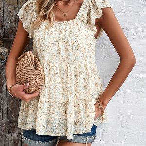 Women Ruffle Sleeve Square Neck Printed Casual Top/1-1-1-1