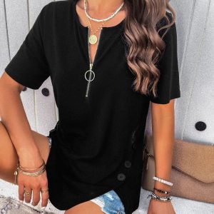 Women Solid Color Short Sleeve Button Up Zipper T-Shirt Blouse Top/1-1-1-1