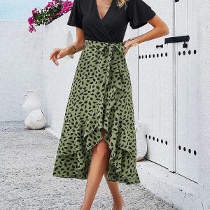 Women Frenchy Wrap Over Tie Printed Waist Short Sleeve Dresses/1-1-1-1