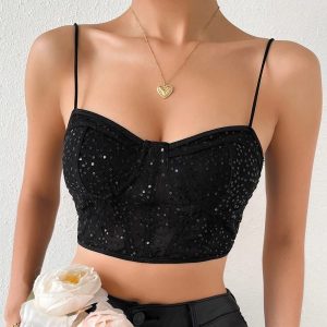 Women Mesh Mesh Sequined Sexy Crop Corset Top Spaghetti Strap Cami Bustier/2-2-1-1
