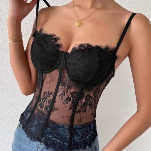 Women Sexy Cami Tank Top Sheer Lace Herringbone Bustier Lingerie / 2-1-1
