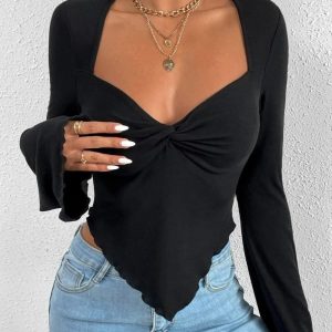 Women V Neck Irregular Hem Knit Flare Long Sleeve Sweatshirt T Shirt Tops/1-1-1-1