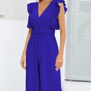 Women’s Ruffle Cap Sleeveless V Neck Jumpsuit With Belt/1-1-1-1-1