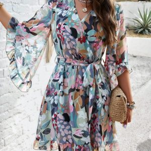 Women Elegant Printed Bell Sleeve Chiffon Wrap Dress with Belt/ 1-1-1-1