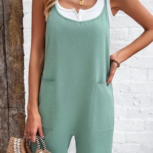 Women Casual Solid Color Romper With Pocket /1-1-1-1