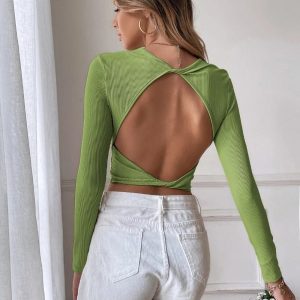 Women Sexy Backless Crop Top Solid Color Long Sleeve T Shirt/1-1-1-1