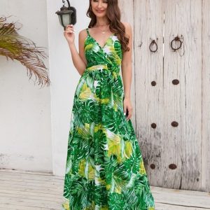 Women Summer Printed Spaghetti Strap Sleeveless Maxi Dress/1-1-1-1-1