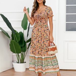 Women Western Style Boho Dresses Printed Short Sleeve Summer Dresses/1-1-1-1-1