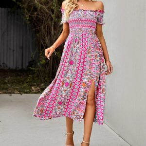 Women Summer Printed Off the Shoulder Short Sleeve Vintage Side Split Dresses/1-1-1-1