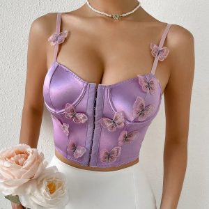 Women Lace Panel Hook-and -Eye Butterfly e Crop Top Adjustable Strap Bustier Cami Top/2-2-1-1