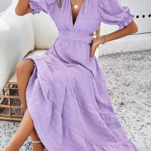 Women Back Tie Cut Out High Waist Puff Sleeve Maxi Dresses/1-1-1-1