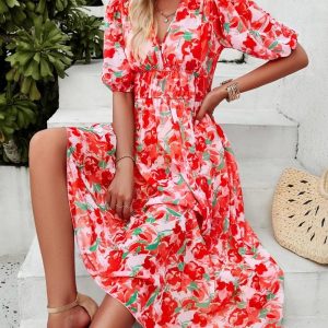 Women Summer Printed Short Sleeve V Neck Dress/1-1-1-1