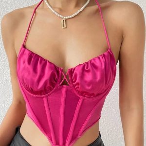 Women herringbone Halter Corset Mesh Satin Y2K Crop Top/2-2-1-1