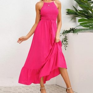 Women Summer Backless Shirred Backless Halter Maxi Dresses /1-1-1-1-1