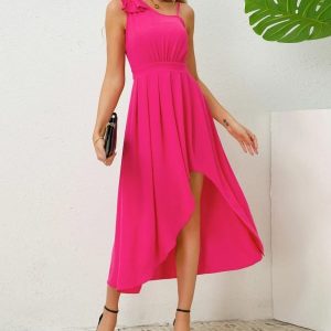 Women Summer Bow Tie Sleeveless Irregular Hem Solid Color Dresses/1-1-1-1-1