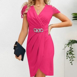Women V Neck Pleated Short Cut Out Sleeve Mini Short Dresses/1-1-1-1-1