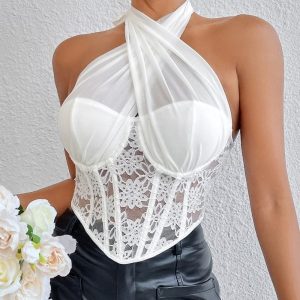 Criss Cross Tie Backless Crop herringbone Lace Mesh Halter Top for Women/ 2-2-1-1