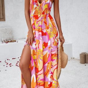 Women Summer Printed Backless Shirred Maxi Dresses/1-1-1-1