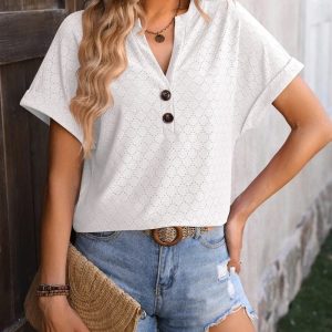 Women V Neck Button Up Casual Eyelet Short Sleeve T-Shirt Summer Top/1-1-1-1-1