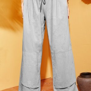 Casual Plain Pockets Linen Pants