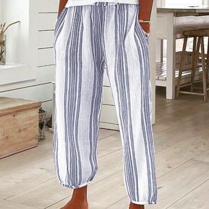 Women’s Pants Trousers Faux Linen Blue Fashion Casual Daily Side Pockets Full Length Comfort Striped S M L XL XXL