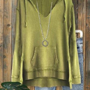 Casual V-neck Frayed Pocket Design Hoodie Top
