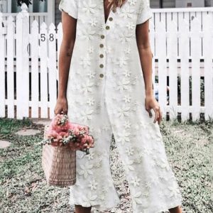Crew Neck Cotton Loose Floral Linen Jumpsuit