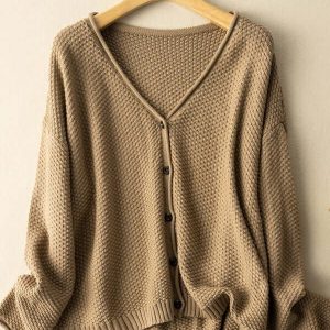 100% Natural Material Knitted Cardigan Women’s Literary Retro Loose And Thin Spring And Autumn Sweater Coat In One-Size
