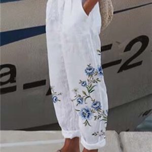 Women’s Wide Leg Pants Trousers Faux Linen White Light Green Pink Casual Holiday Weekend Side Pockets Full Length Comfort Floral S M L XL XXL