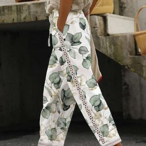 Women’s Pants Trousers Faux Linen White Fashion Casual Weekend Lace Side Pockets Full Length Comfort Leaf S M L XL 2XL