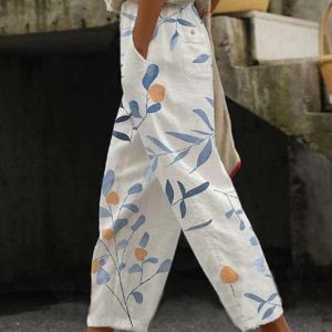 Women’s Pants Trousers Faux Linen White Blue Green Casual Holiday Weekend Side Pockets Full Length Comfort Floral S M L XL XXL