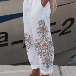 Women’s Wide Leg Pants Trousers Faux Linen Black White Red Casual Holiday Weekend Side Pockets Full Length Comfort Floral S M L XL XXL