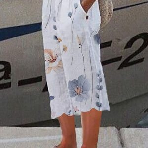 Women’s Wide Leg Pants Trousers Faux Linen White Fashion Holiday Weekend Side Pockets Wide Leg Calf-Length Comfort Floral S M L XL 2XL