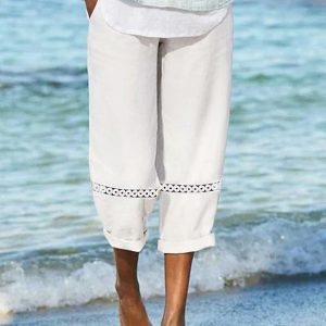 Women’s Linen Pants Capri shorts Faux Linen White Casual Holiday Weekend Side Pockets Cut Out Calf-Length Comfort Solid Colored S M L XL XXL