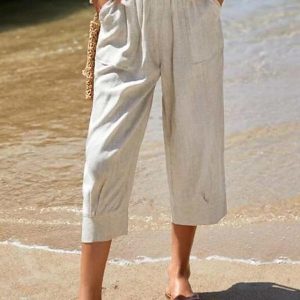 Women’s Pants Trousers Faux Linen Khaki Fashion Casual Weekend Side Pockets Wide Leg Calf-Length Comfort Plain S M L XL 2XL