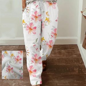 Women’s Wide Leg Pants Trousers Faux Linen White Fashion Casual Office Daily Holiday Side Pockets Print Full Length Comfort Floral S M L XL XXL