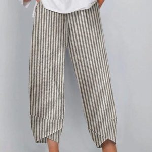 Women’s Pants Trousers Faux Linen Black Fashion Casual Daily Side Pockets Ankle-Length Comfort Striped S M L XL 2XL