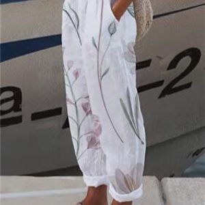 Women’s Pants Trousers Faux Linen White Green Gray Casual Holiday Weekend Side Pockets Full Length Comfort Floral S M L XL XXL
