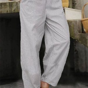 Women’s Pants Trousers Faux Linen Gray Fashion Casual Daily Side Pockets Full Length Comfort Striped S M L XL XXL