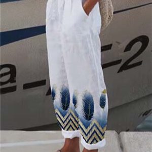 Women’s Pants Trousers Faux Linen Black White Yellow Fashion Casual Weekend Side Pockets Full Length Comfort Geometric S M L XL XXL